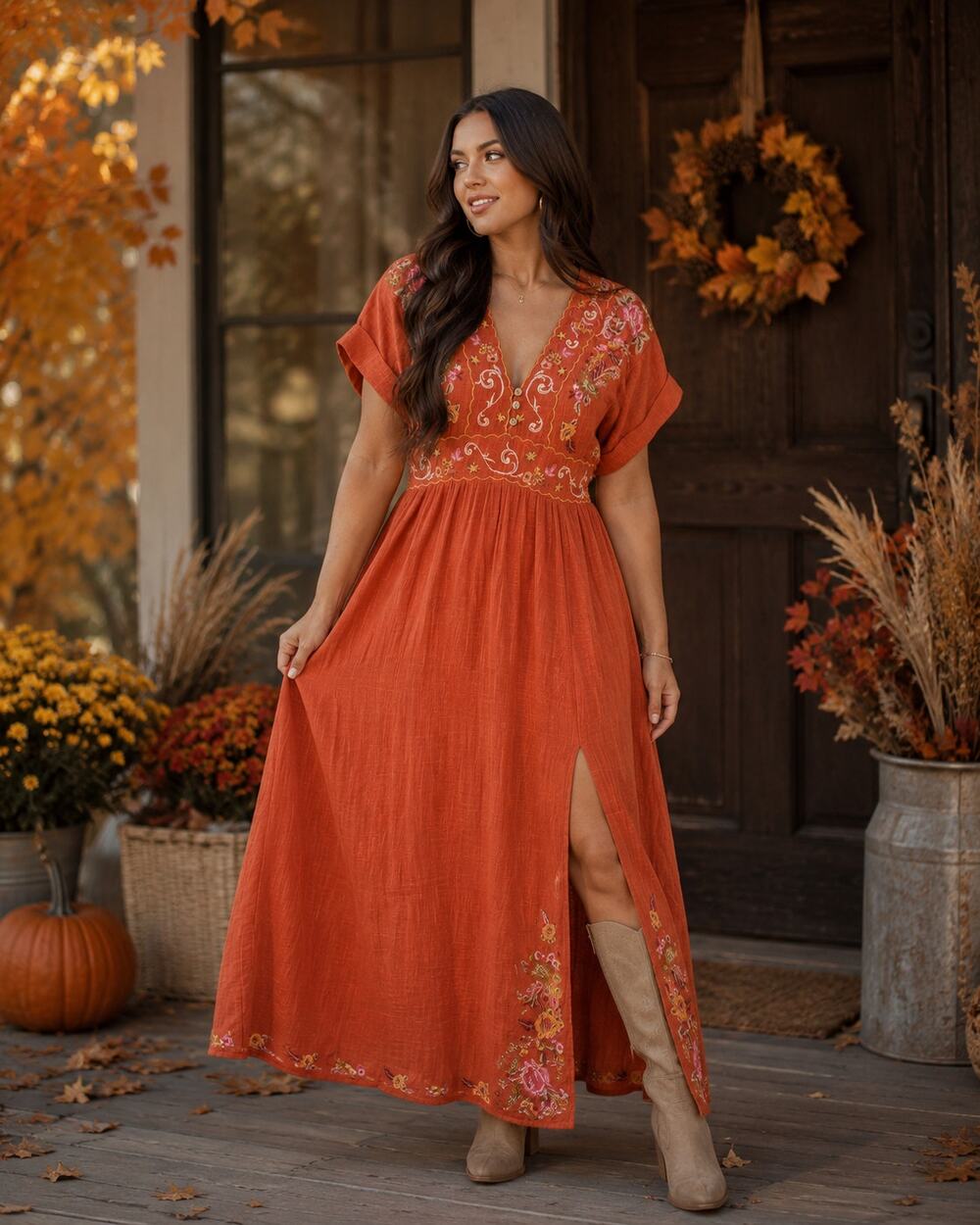 Free People Maisle Embroidered Maxi Dress Burnt Orange- Worn once
